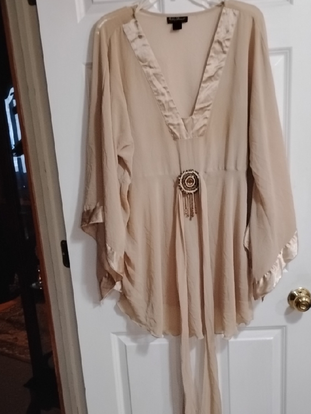 Ashley Stewart Taupe Satin-Trim V-Neck Tunic with Beaded Medallion